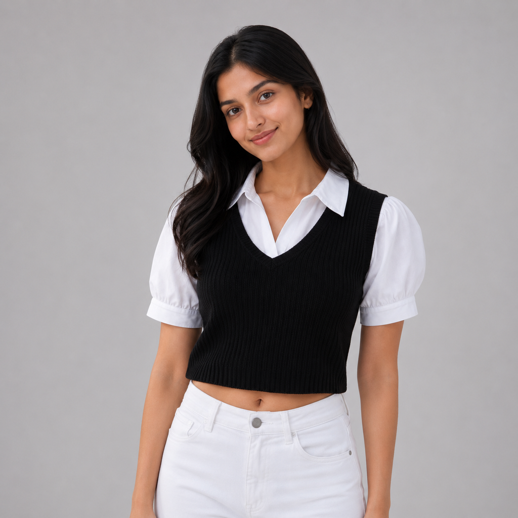 Ribbed V neck top with white collar and puffed sleeves