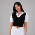 Ribbed V neck top with white collar and puffed sleeves