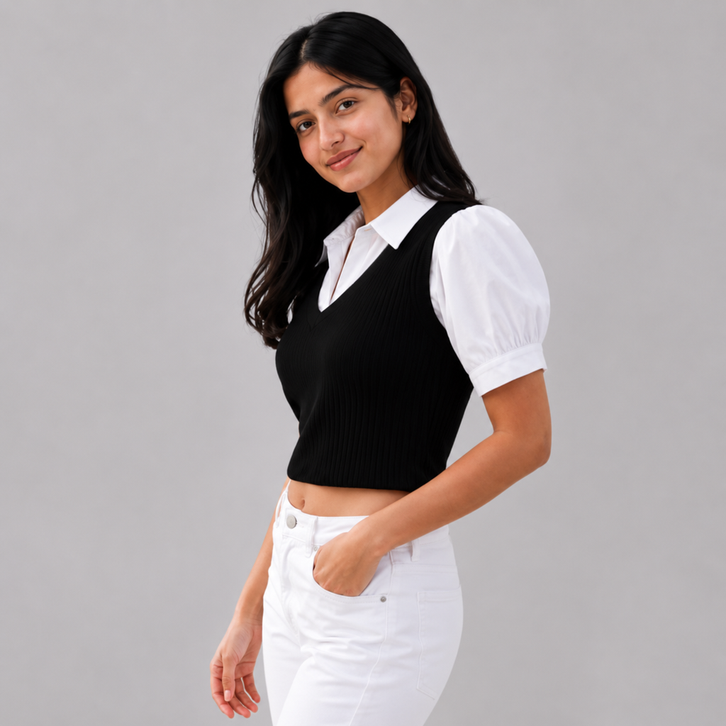 Ribbed V neck top with white collar and puffed sleeves